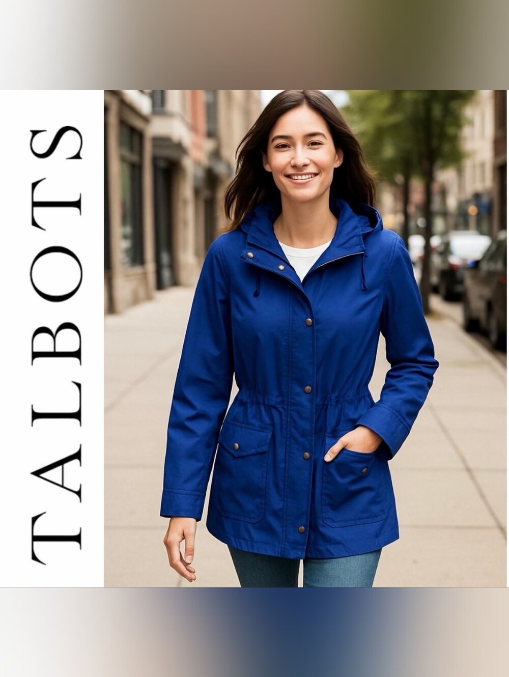 Talbots Royal Blue Hooded Ra8n Trench Coat Utility Jacket LP